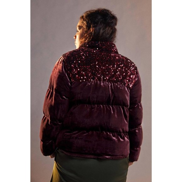Anthropologie Velour Sequined Puffer Jacket Coat - Picture 5 of 16